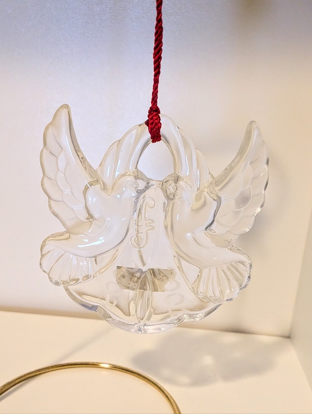 Clear Glass Two Turtle Doves Holiday Ornament with Red Cord